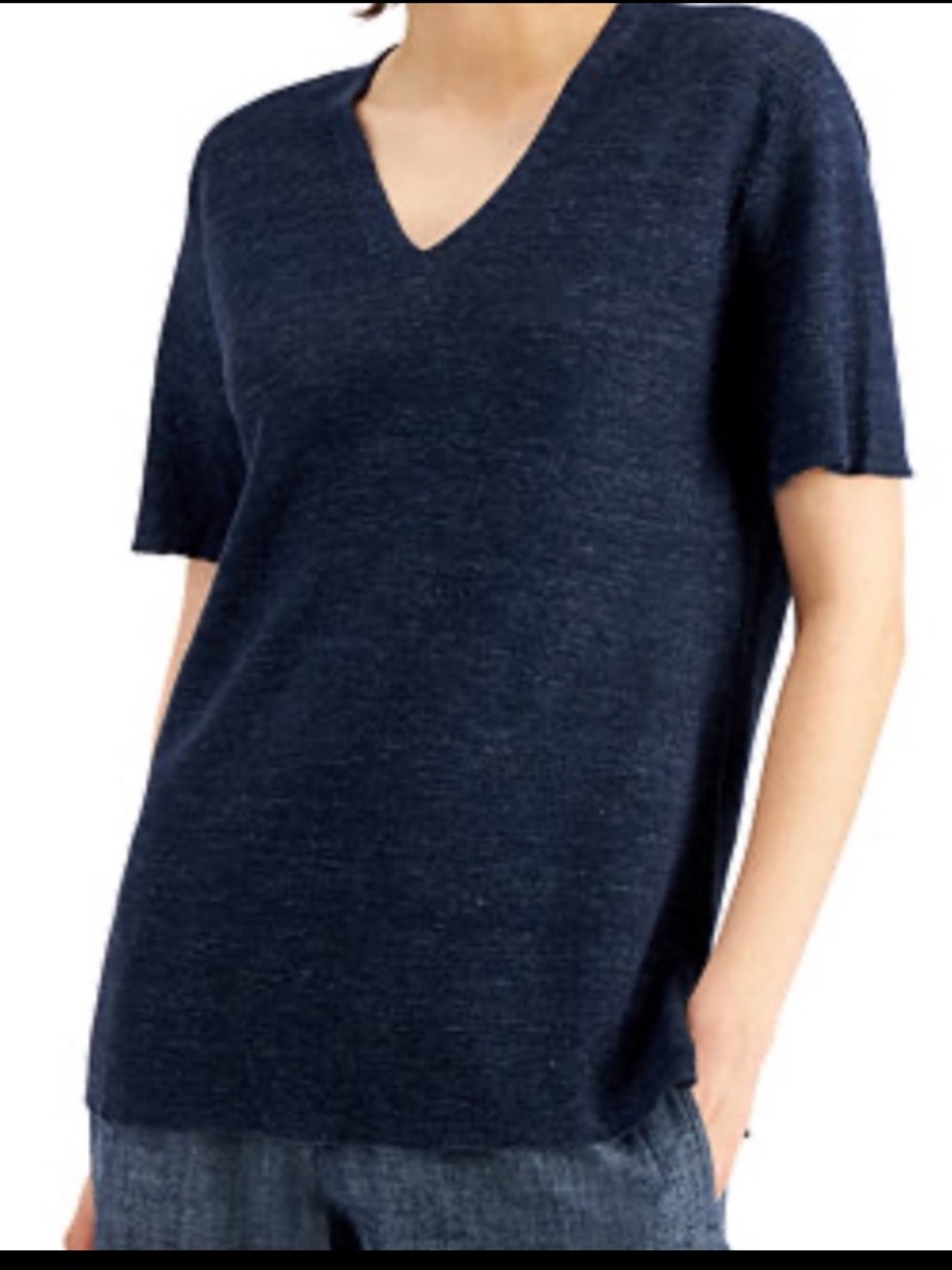 EILEEN FISHER Black Organic Linen / Cotton Blend Short Sleeve Knit Top Deep V